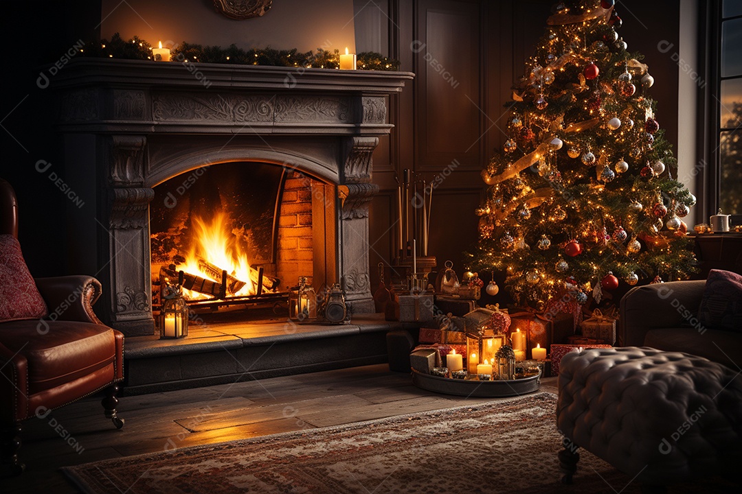 Foto sala de estar com lareira e árvore de natal