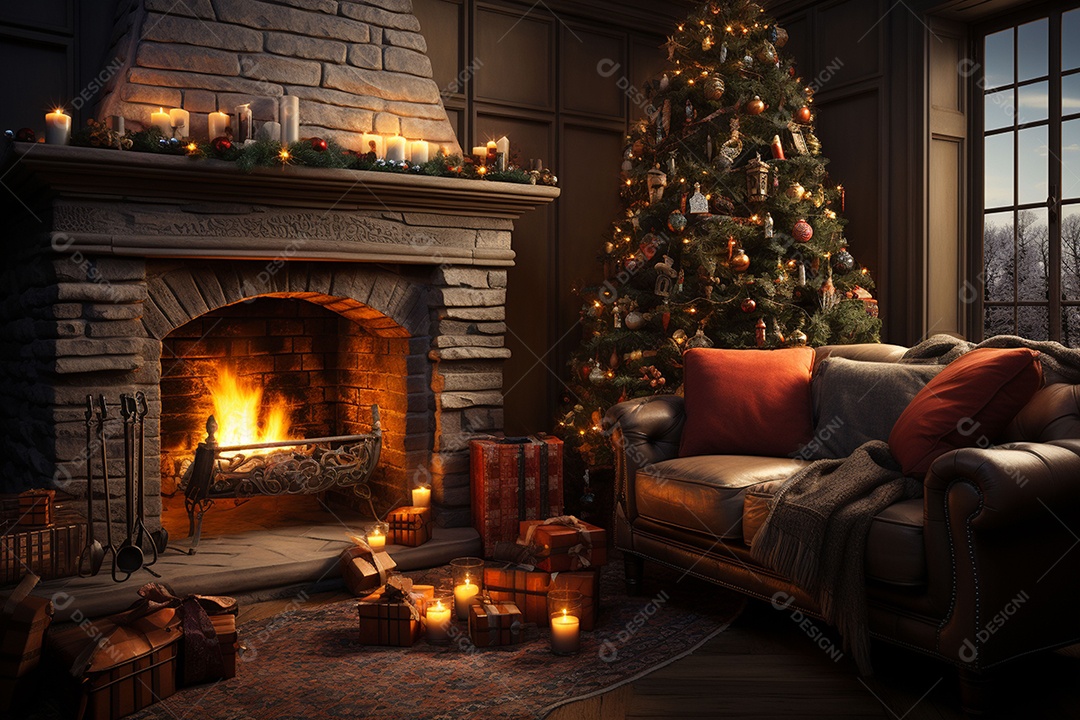 Foto sala de estar com lareira e árvore de natal