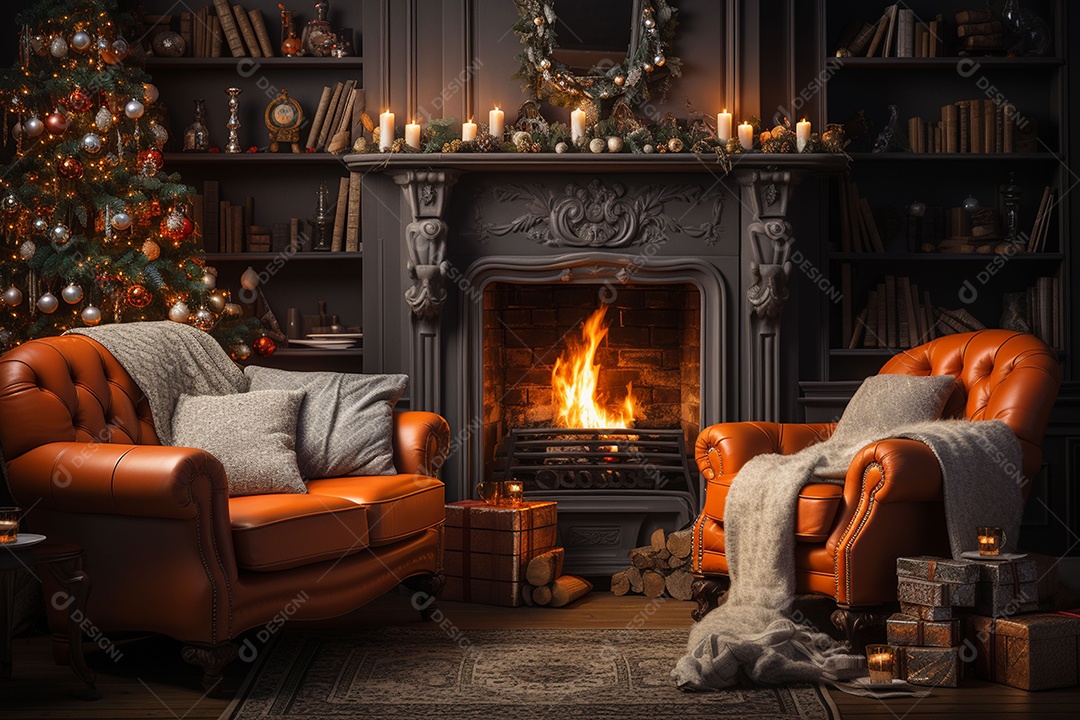 Foto sala de estar com lareira e árvore de natal