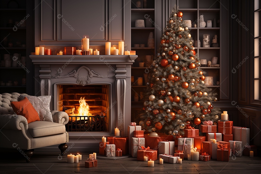 Foto sala de estar com lareira e árvore de natal