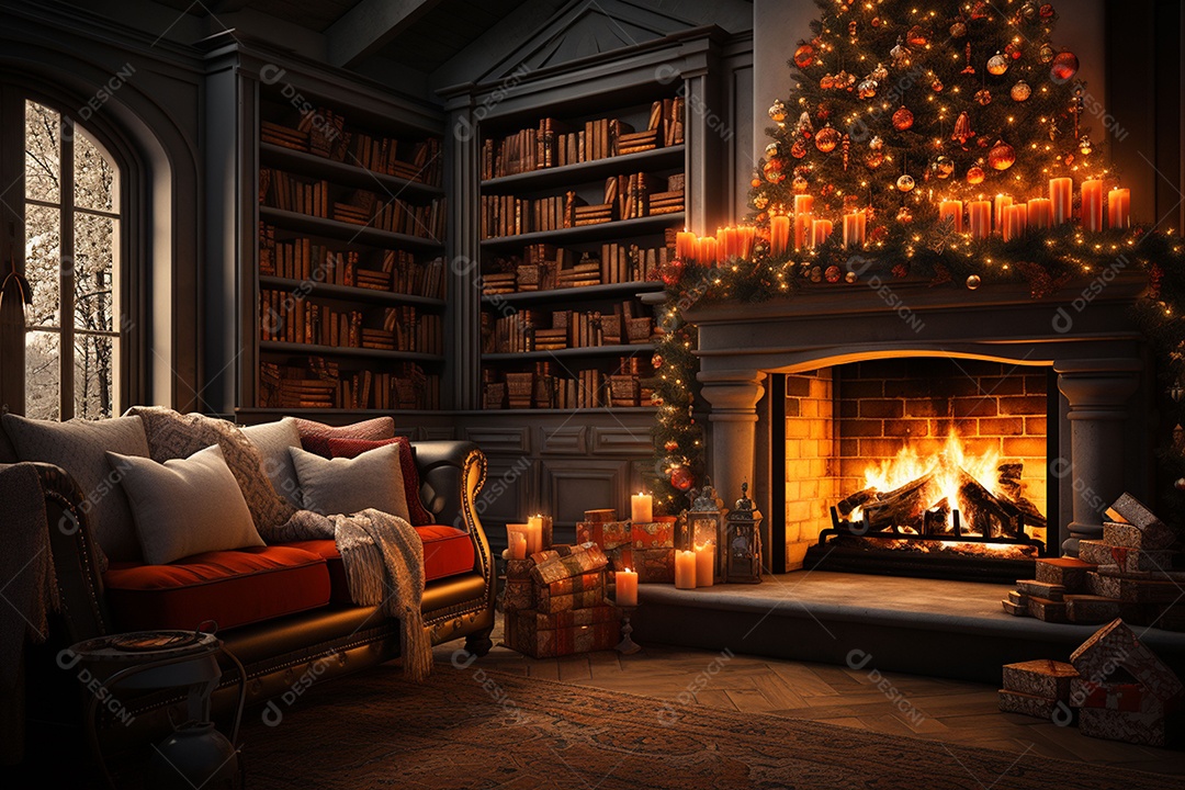 Foto sala de estar com lareira e árvore de natal