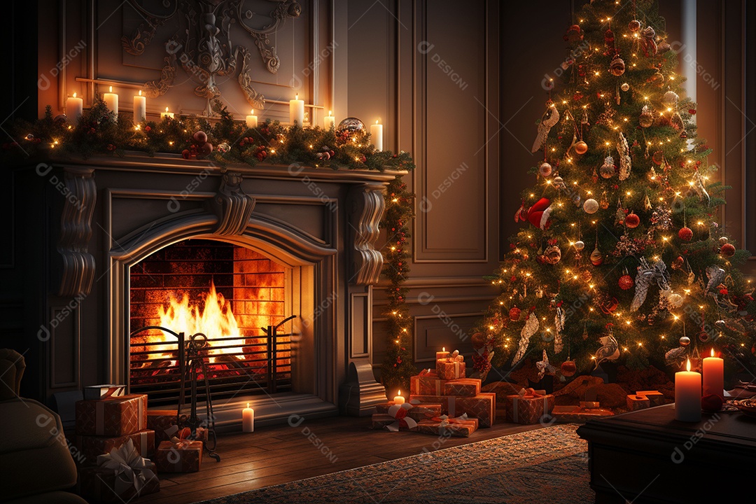 Foto sala de estar com lareira e árvore de natal