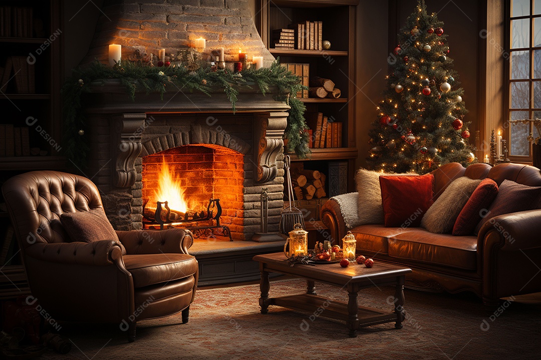Foto sala de estar com lareira e árvore de natal