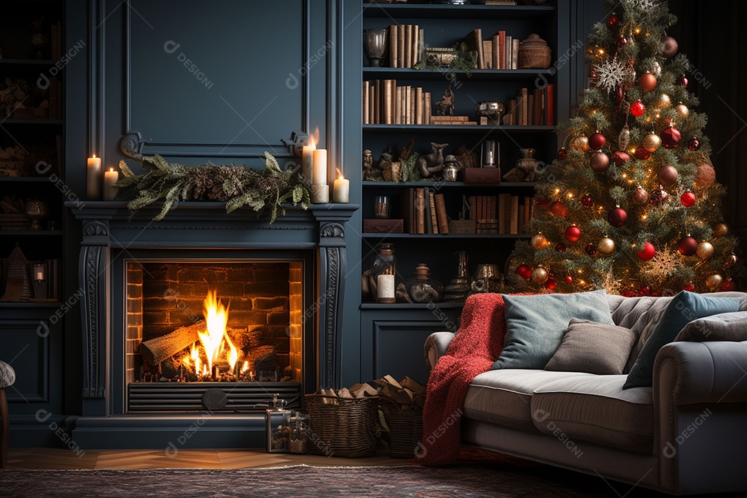 Foto sala de estar com lareira e árvore de natal