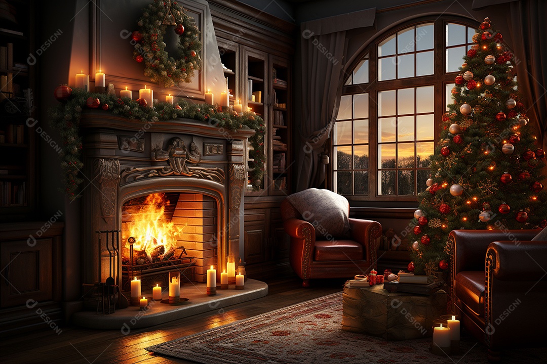 Foto sala de estar com lareira e árvore de natal