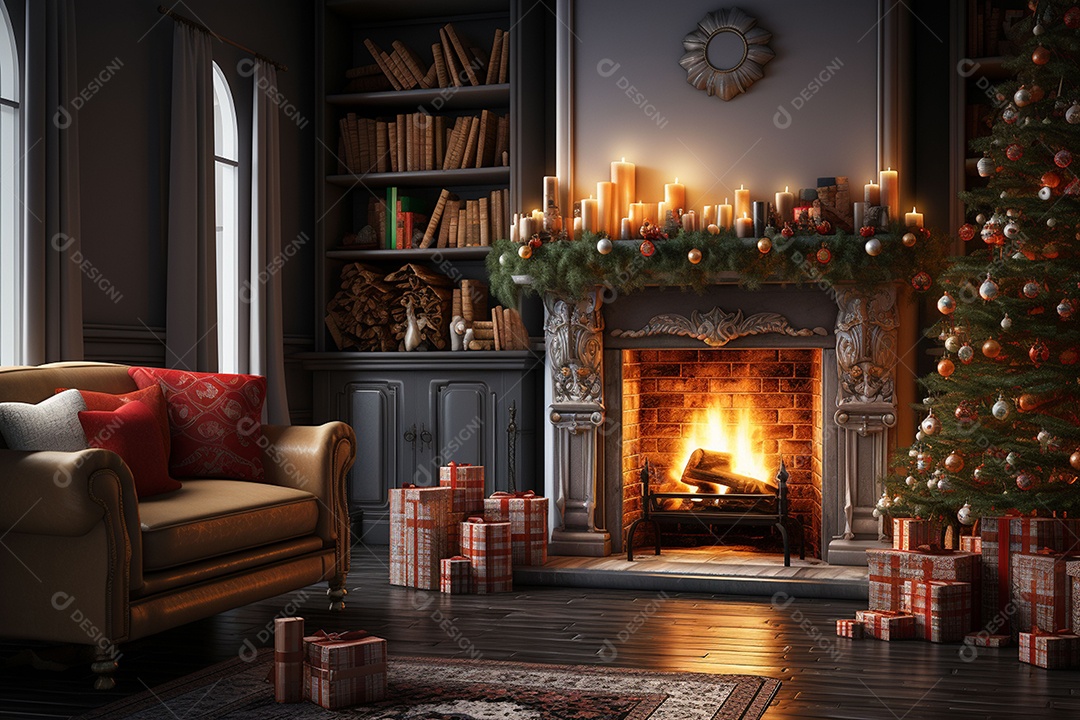 Foto sala de estar com lareira e árvore de natal