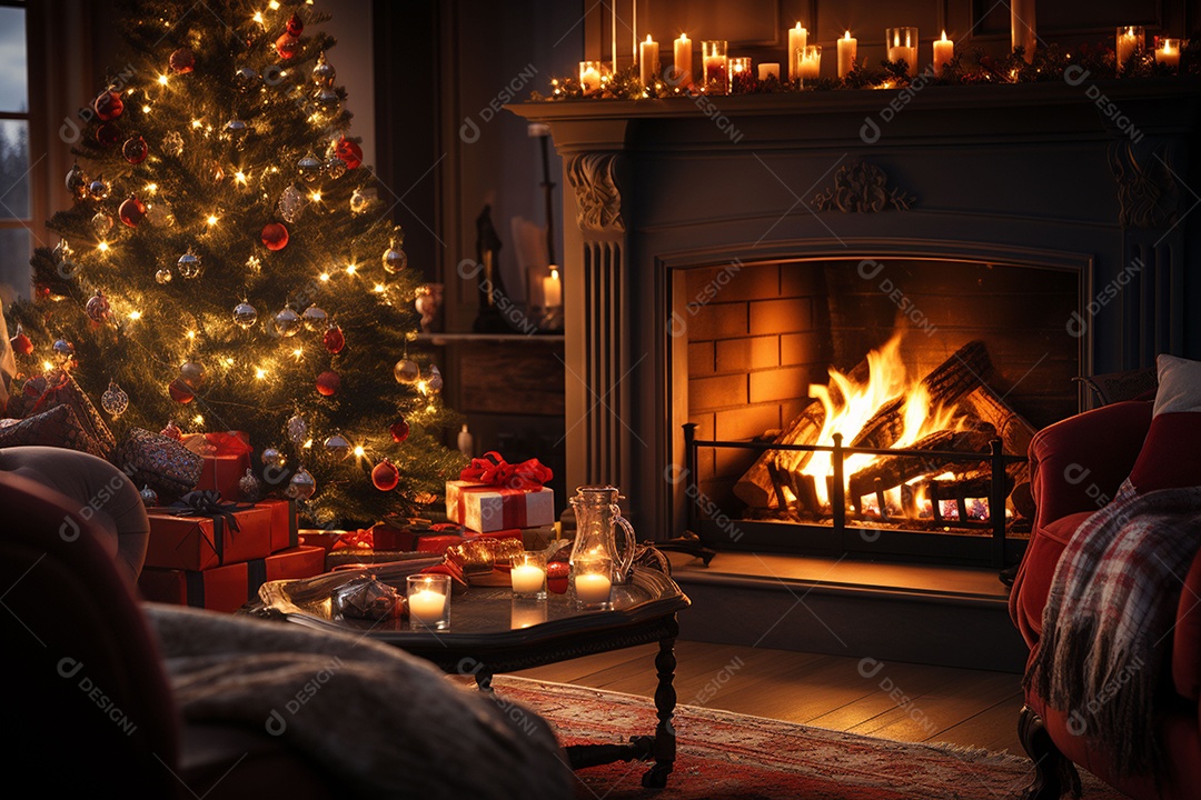 Foto sala de estar com lareira e árvore de natal