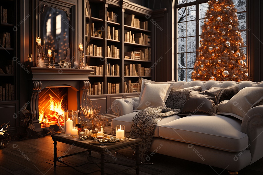 Foto sala de estar com lareira e árvore de natal