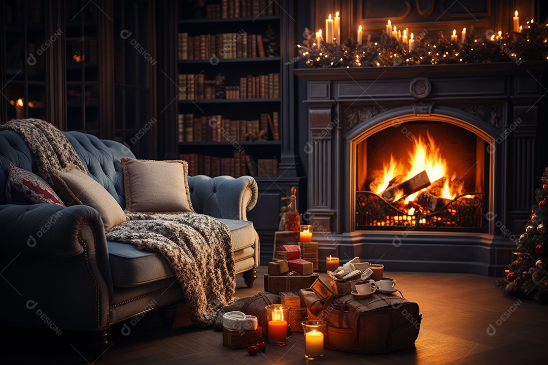 Foto sala de estar com lareira e árvore de natal