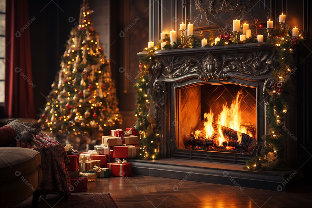 Foto sala de estar com lareira e árvore de natal