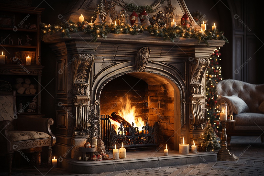 Foto sala de estar com lareira e árvore de natal