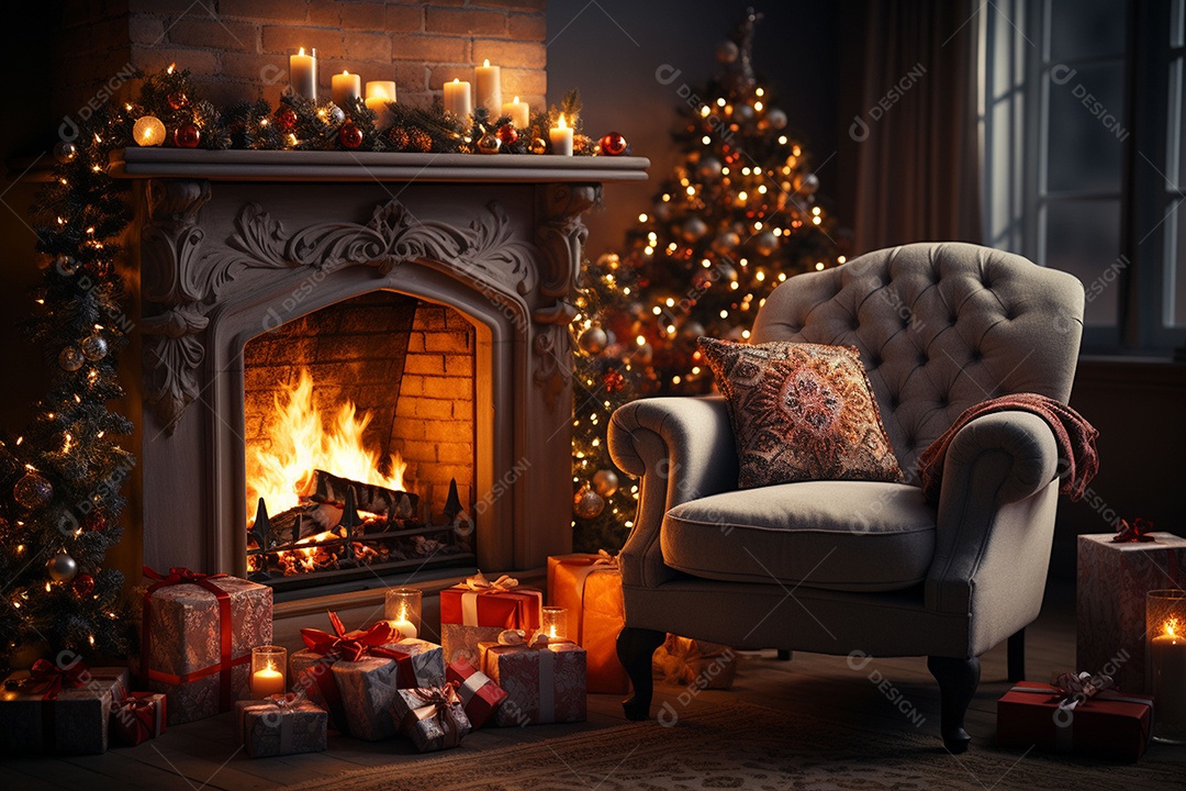 Foto sala de estar com lareira e árvore de natal