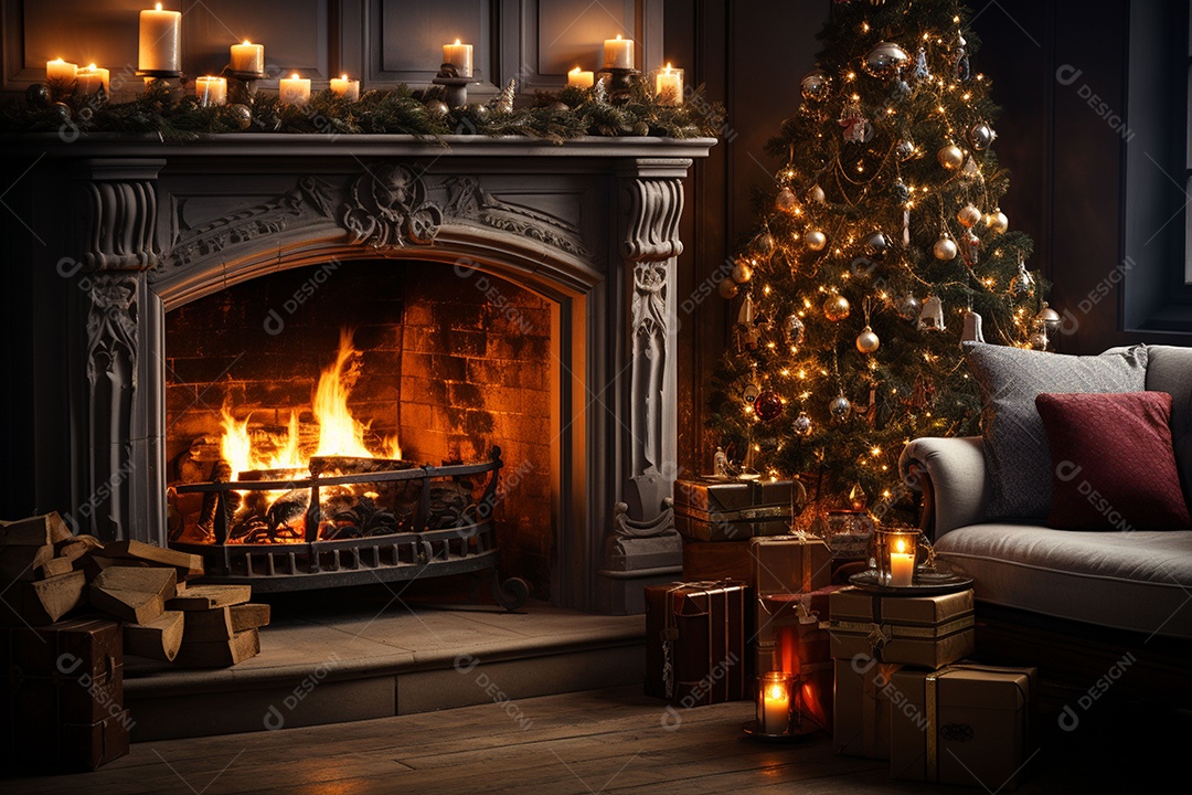 Foto sala de estar com lareira e árvore de natal