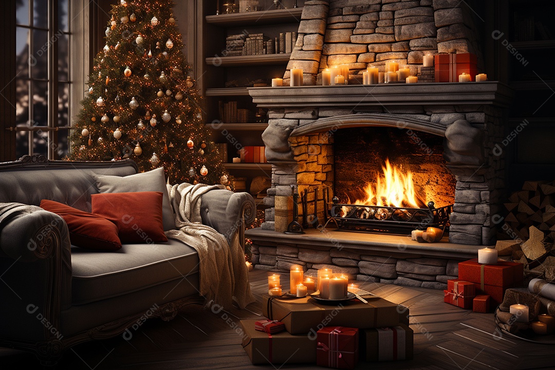 Foto sala de estar com lareira e árvore de natal