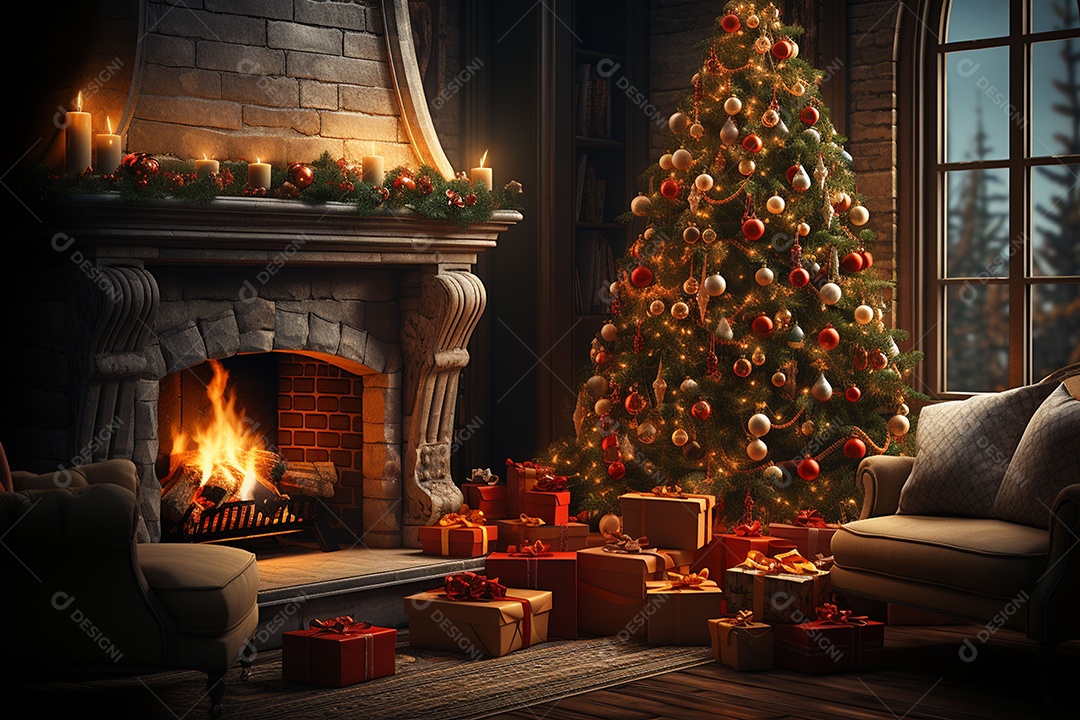 Foto sala de estar com lareira e árvore de natal