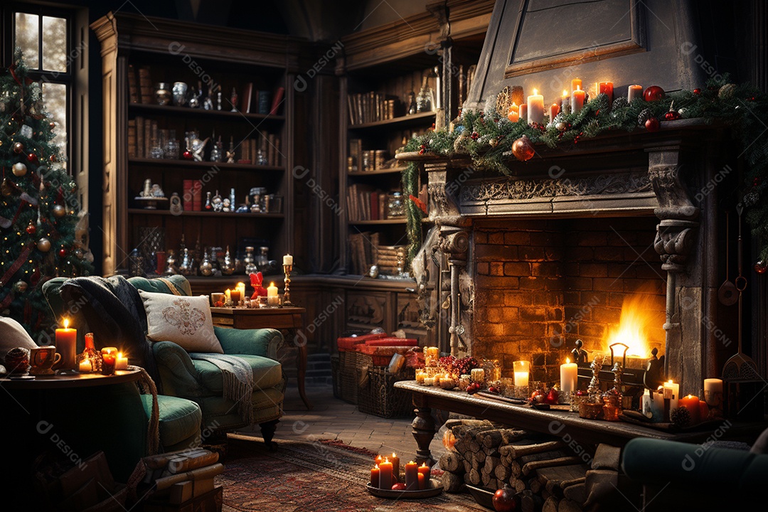 Foto sala de estar com lareira e árvore de natal