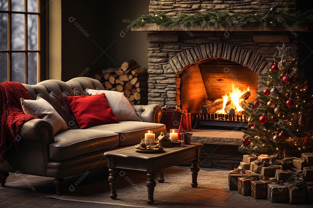 Foto sala de estar com lareira e árvore de natal