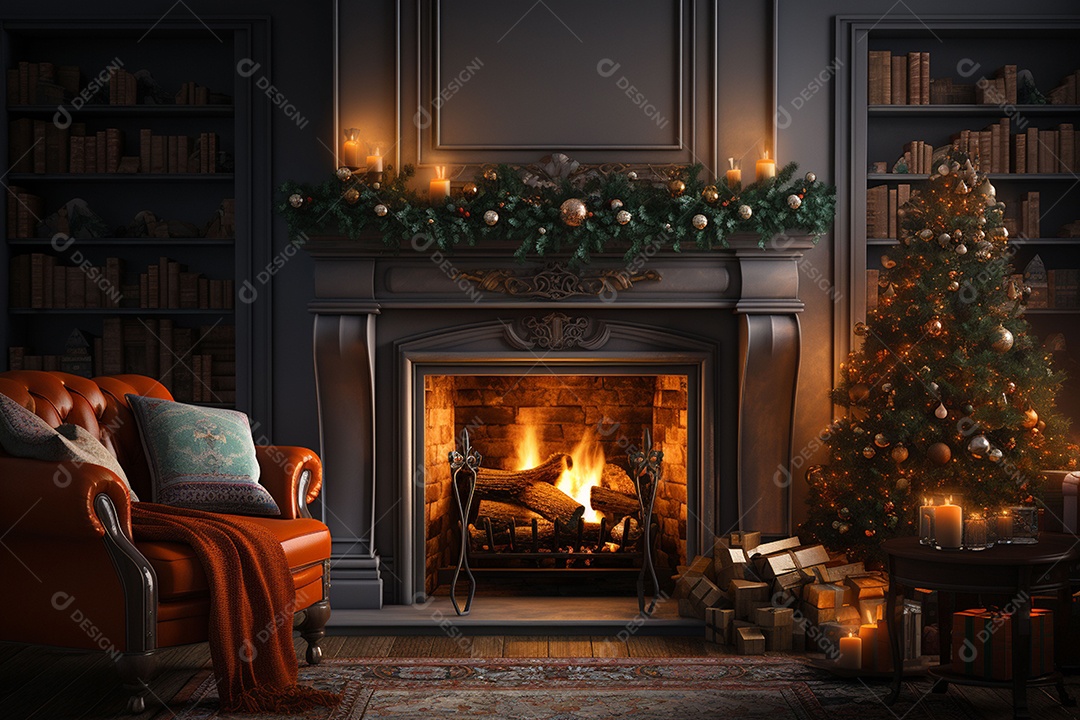 Foto sala de estar com lareira e árvore de natal