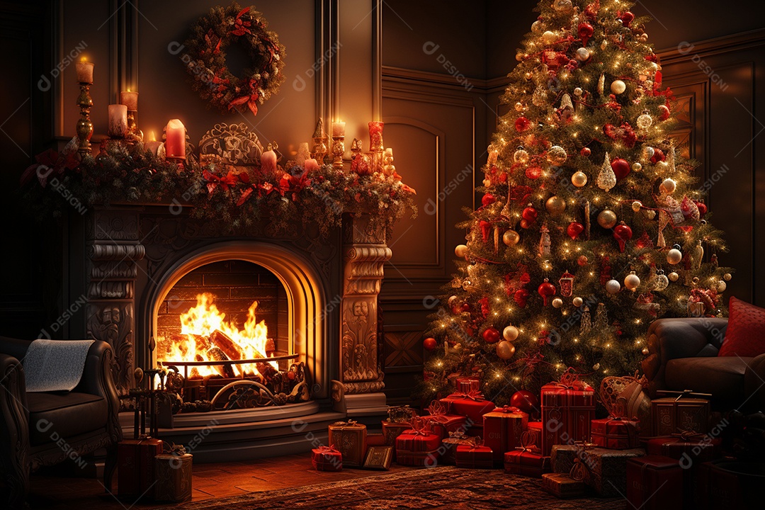 Foto sala de estar com lareira e árvore de natal