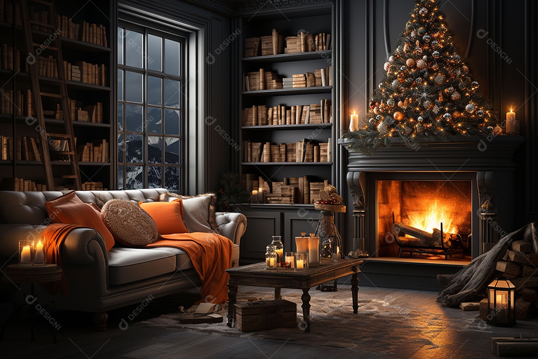 Foto sala de estar com lareira e árvore de natal