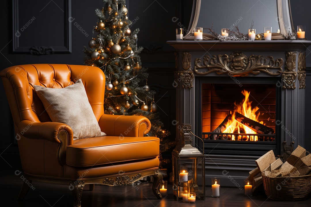 Foto sala de estar com lareira e árvore de natal