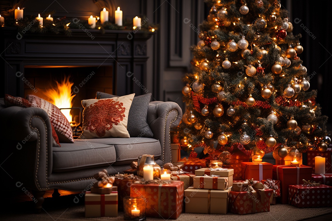 Foto sala de estar com lareira e árvore de natal