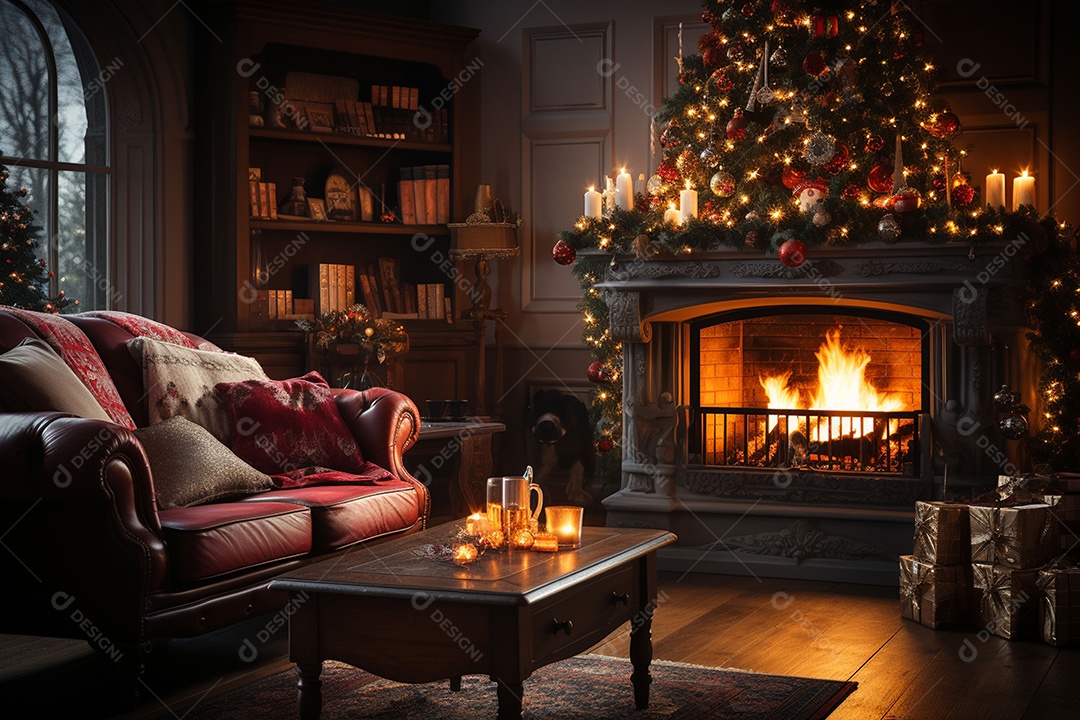 Foto sala de estar com lareira e árvore de natal