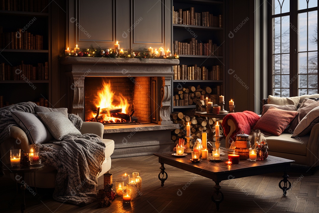 Foto sala de estar com lareira e árvore de natal