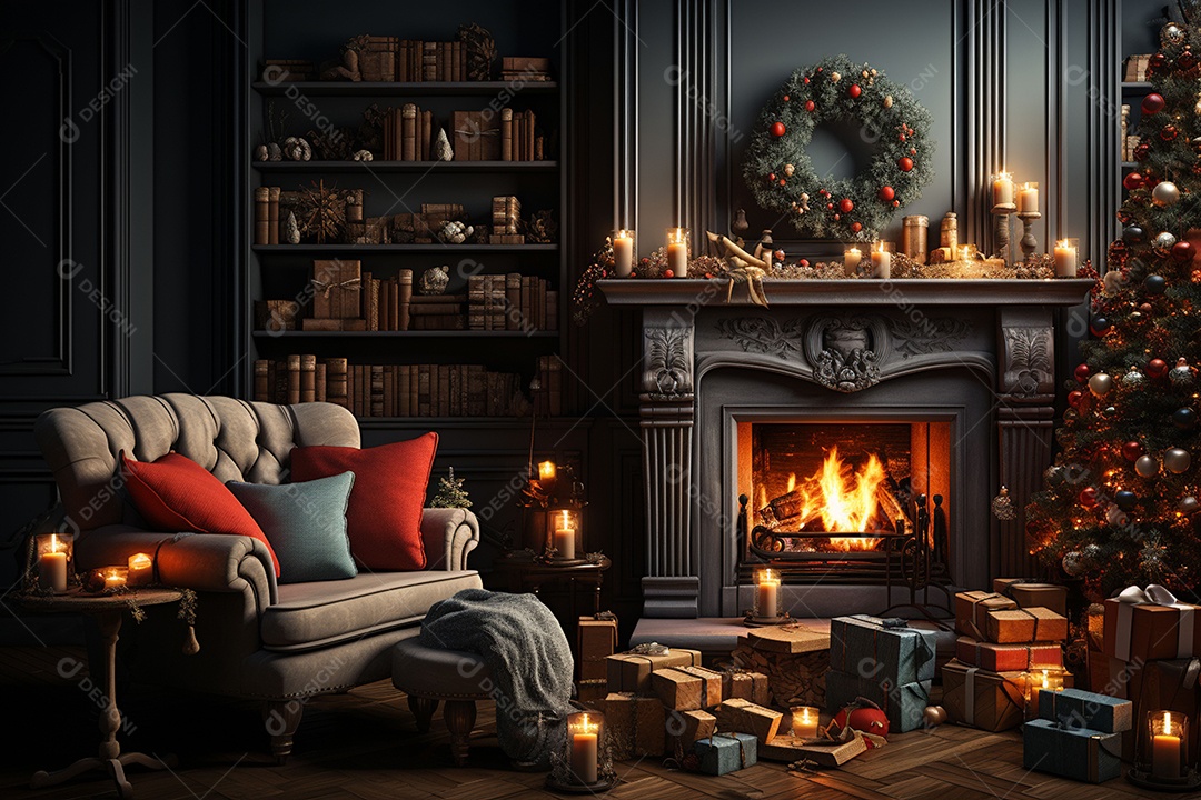 Foto sala de estar com lareira e árvore de natal