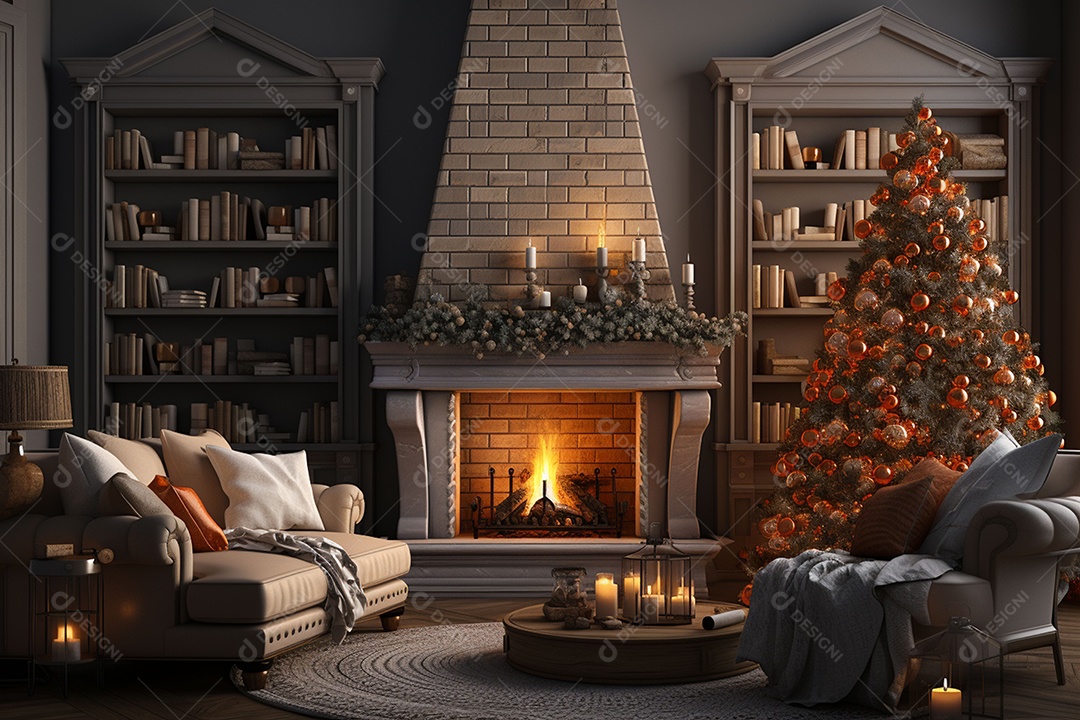 Foto sala de estar com lareira e árvore de natal