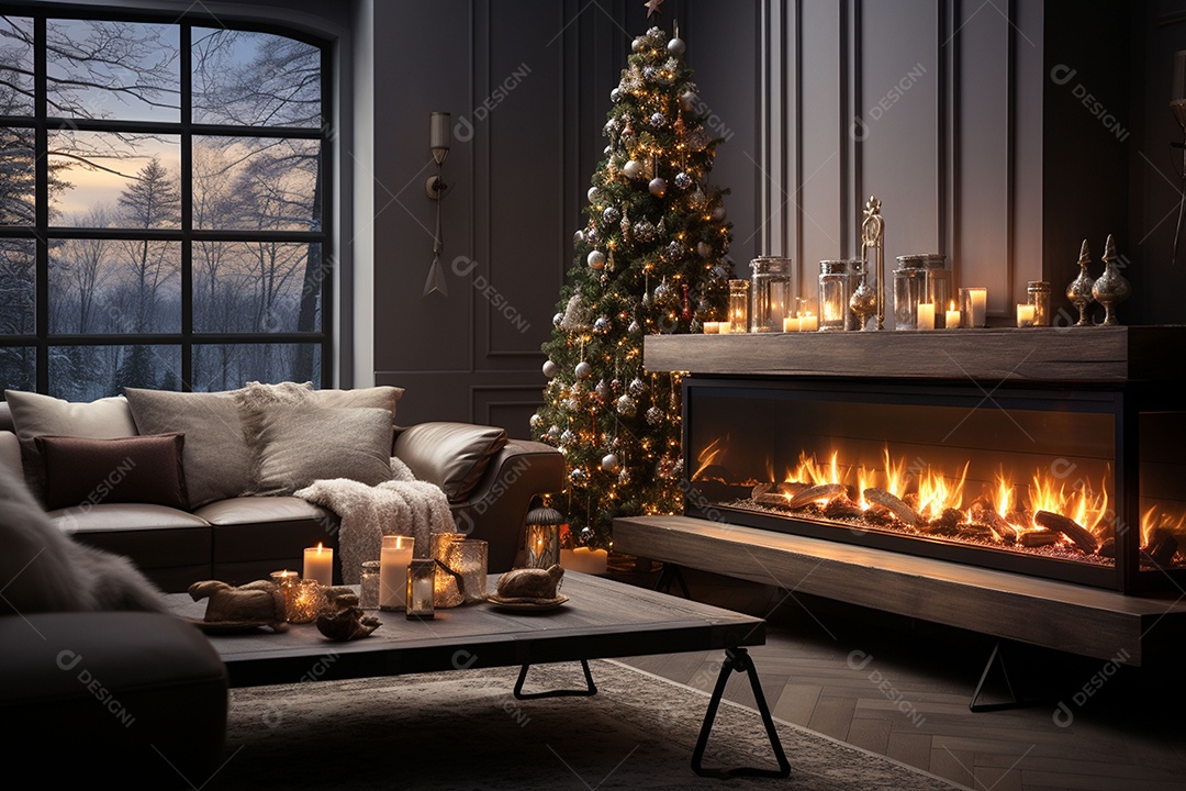 Foto sala de estar com lareira e árvore de natal