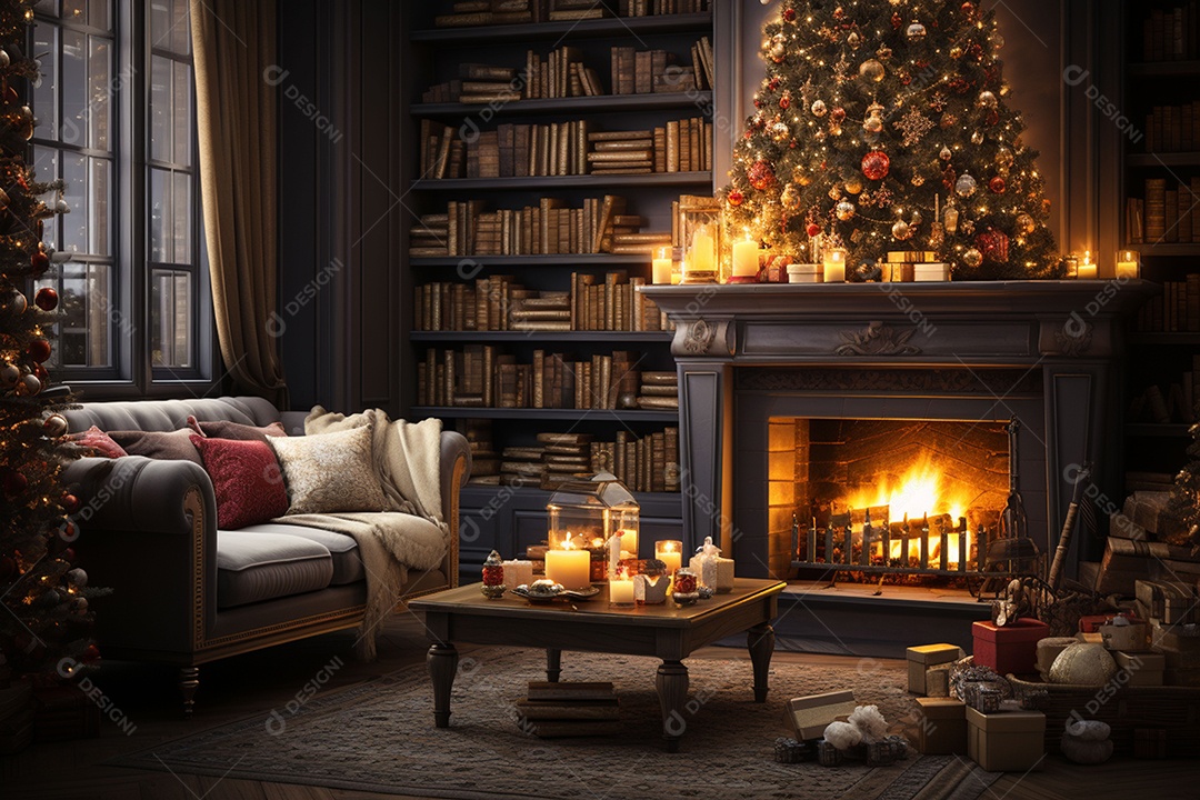 Foto sala de estar com lareira e árvore de natal