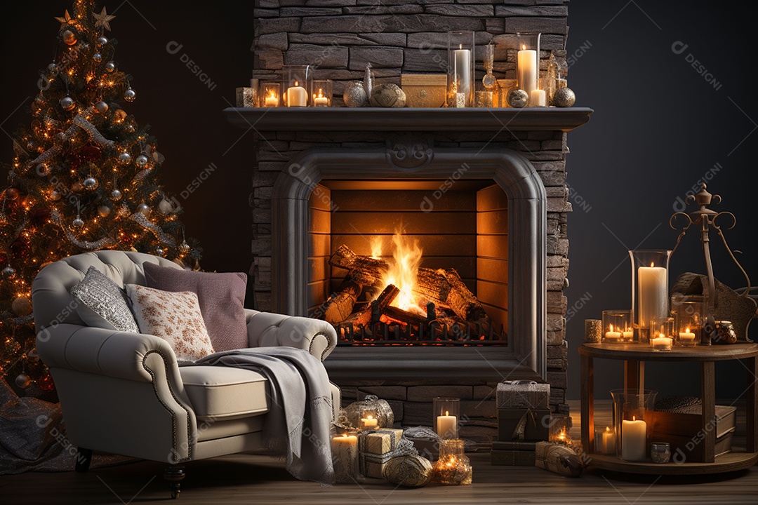 Foto sala de estar com lareira e árvore de natal
