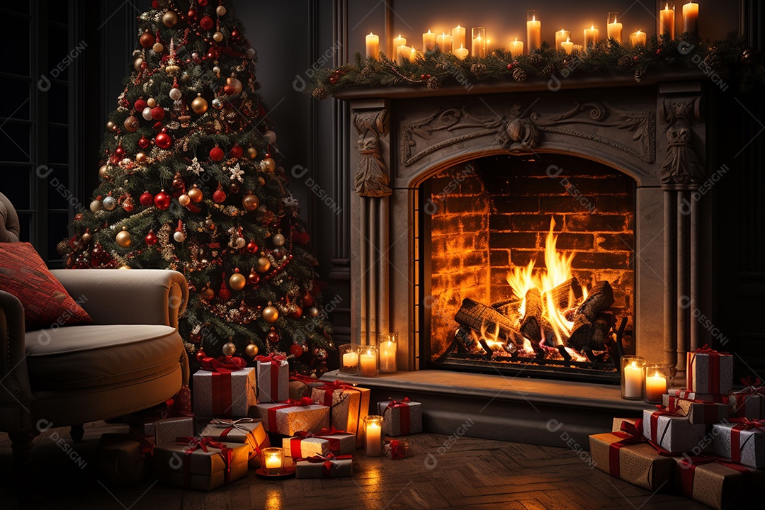 Foto sala de estar com lareira e árvore de natal