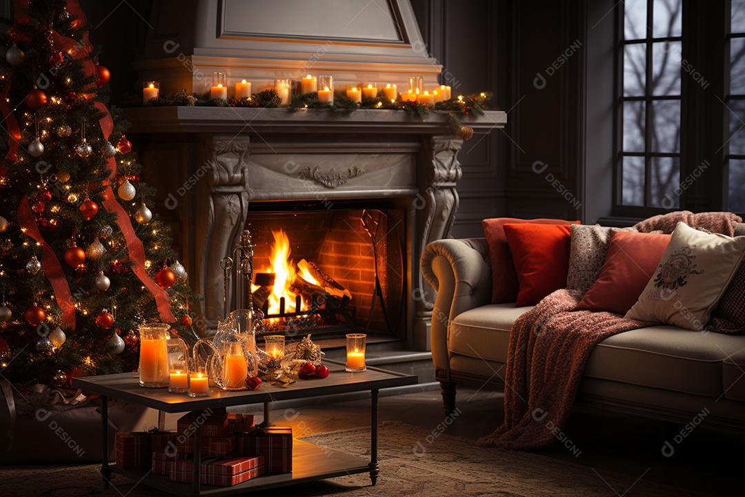 Foto sala de estar com lareira e árvore de natal