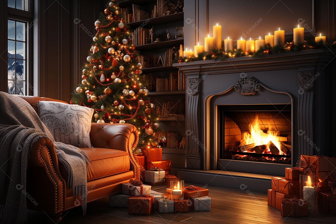 Foto sala de estar com lareira e árvore de natal