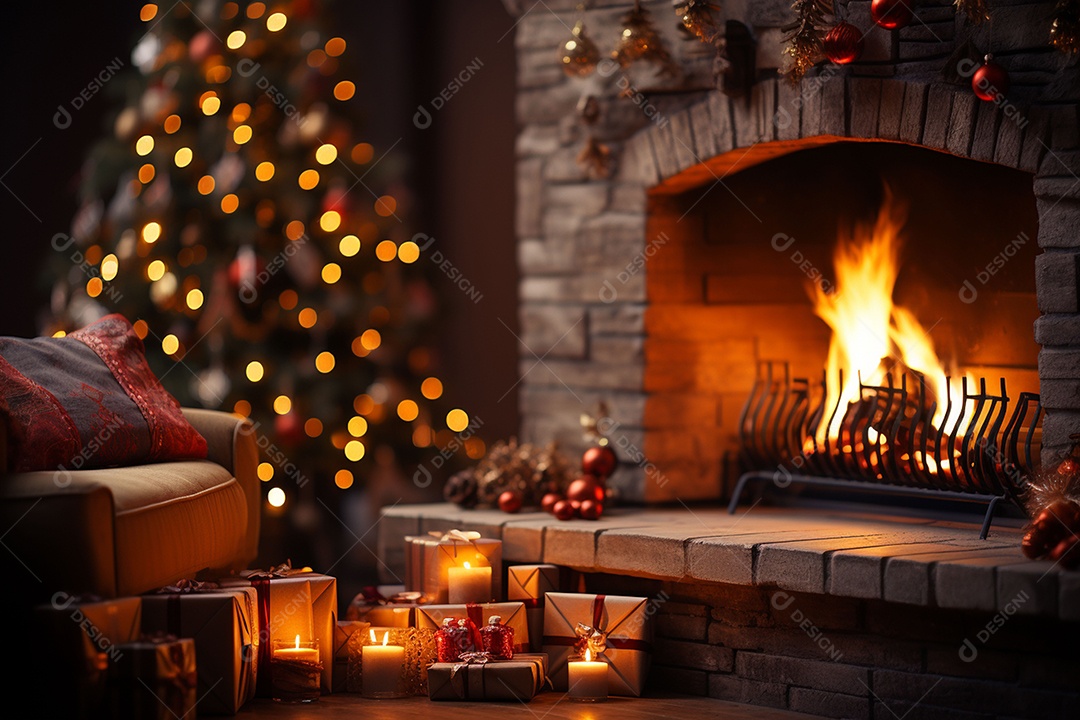 Foto sala de estar com lareira e árvore de natal
