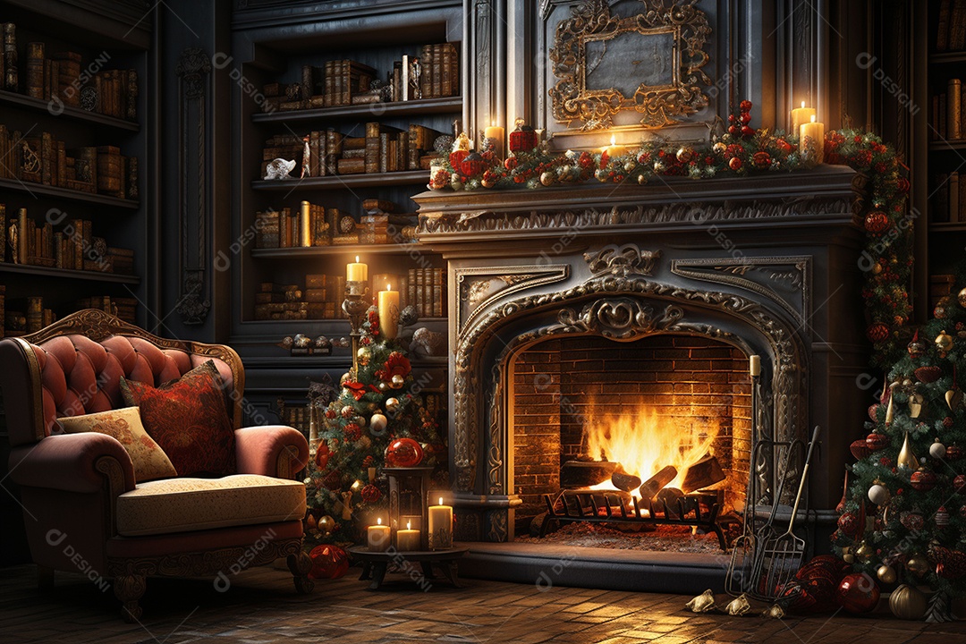 Foto sala de estar com lareira e árvore de natal