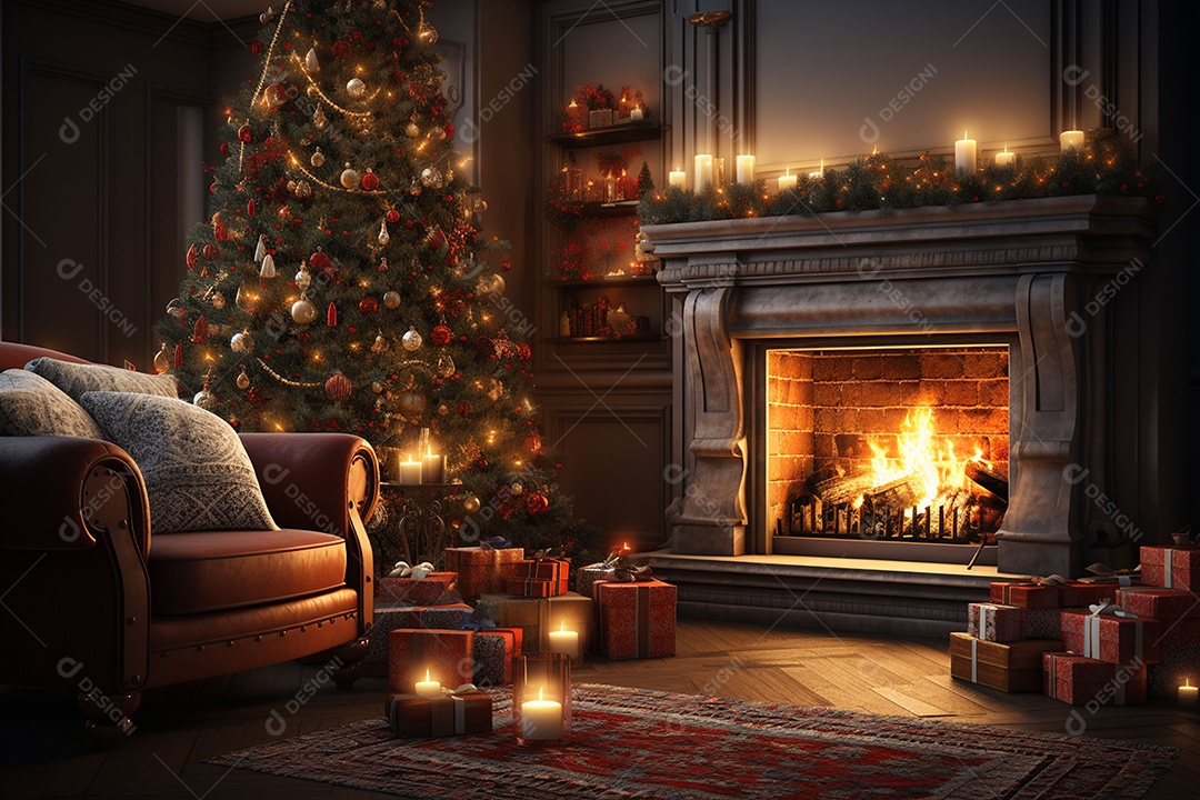 Foto sala de estar com lareira e árvore de natal