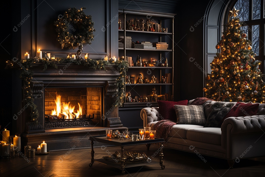 Foto sala de estar com lareira e árvore de natal