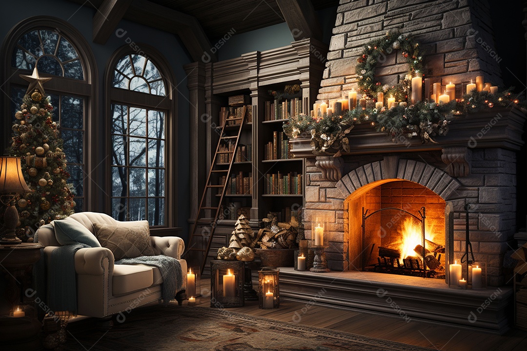 Foto sala de estar com lareira e árvore de natal