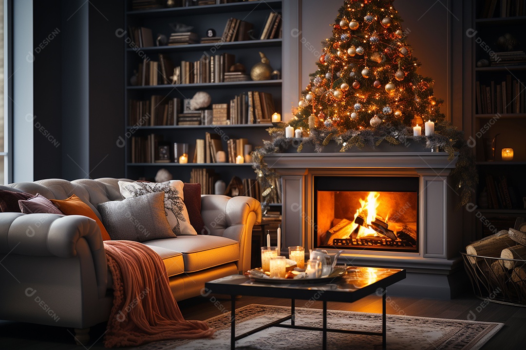Foto sala de estar com lareira e árvore de natal