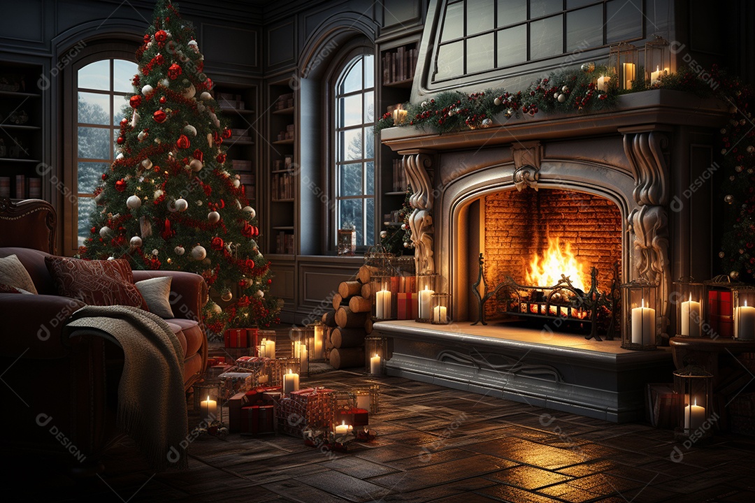 Foto sala de estar com lareira e árvore de natal
