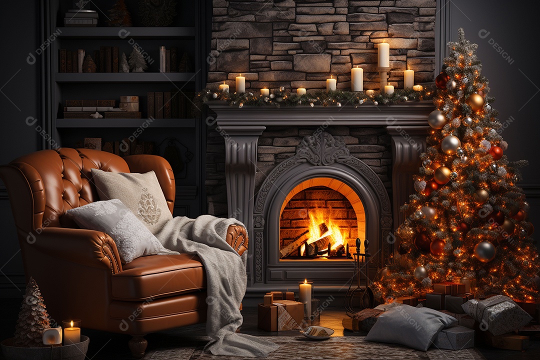 Foto sala de estar com lareira e árvore de natal