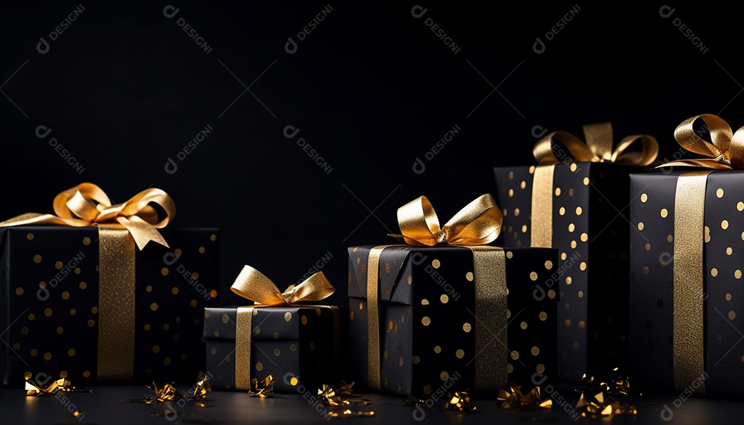 Foto de caixas de presente pretas com laço de fita dourada