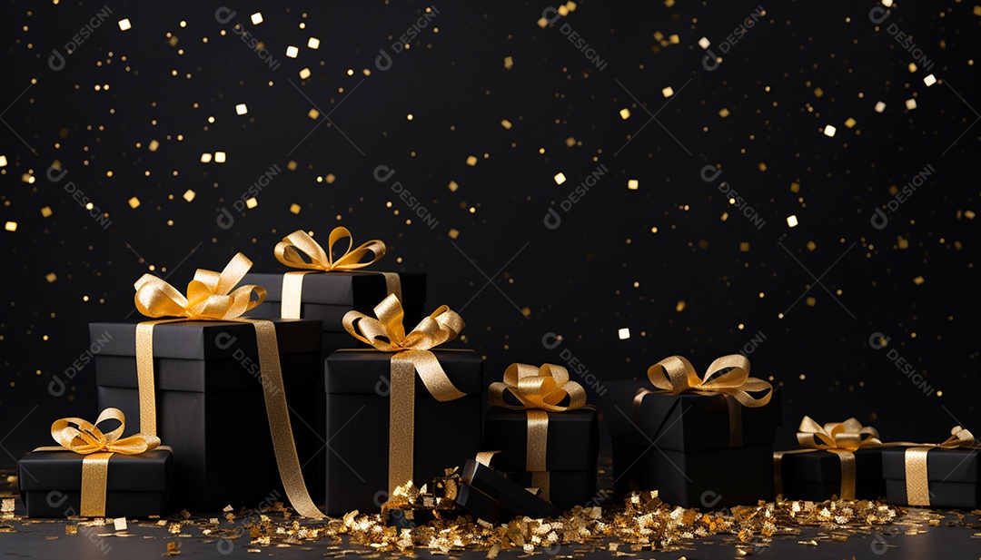Foto de caixas de presente pretas com laço de fita dourada