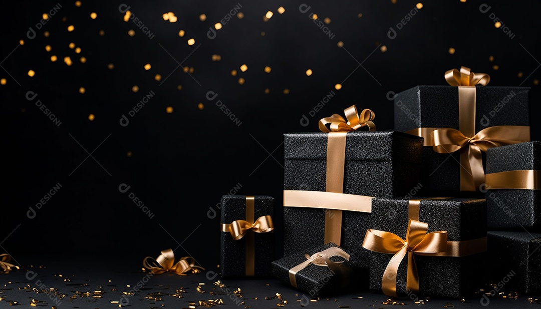 Foto de caixas de presente pretas com laço de fita dourada