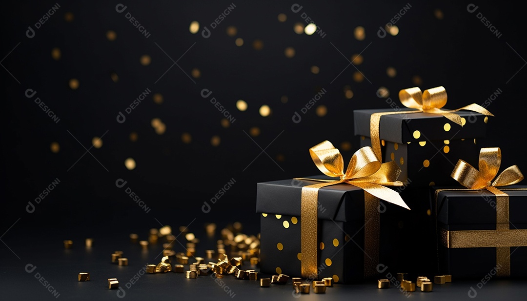 Foto de caixas de presente pretas com laço de fita dourada