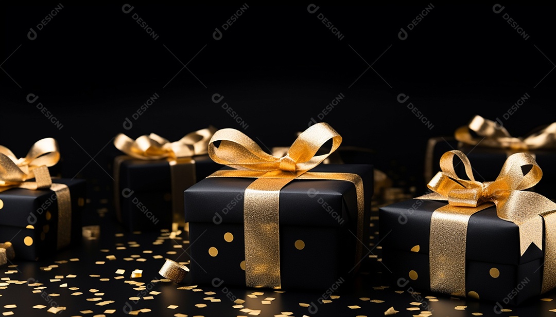 Foto de caixas de presente pretas com laço de fita dourada