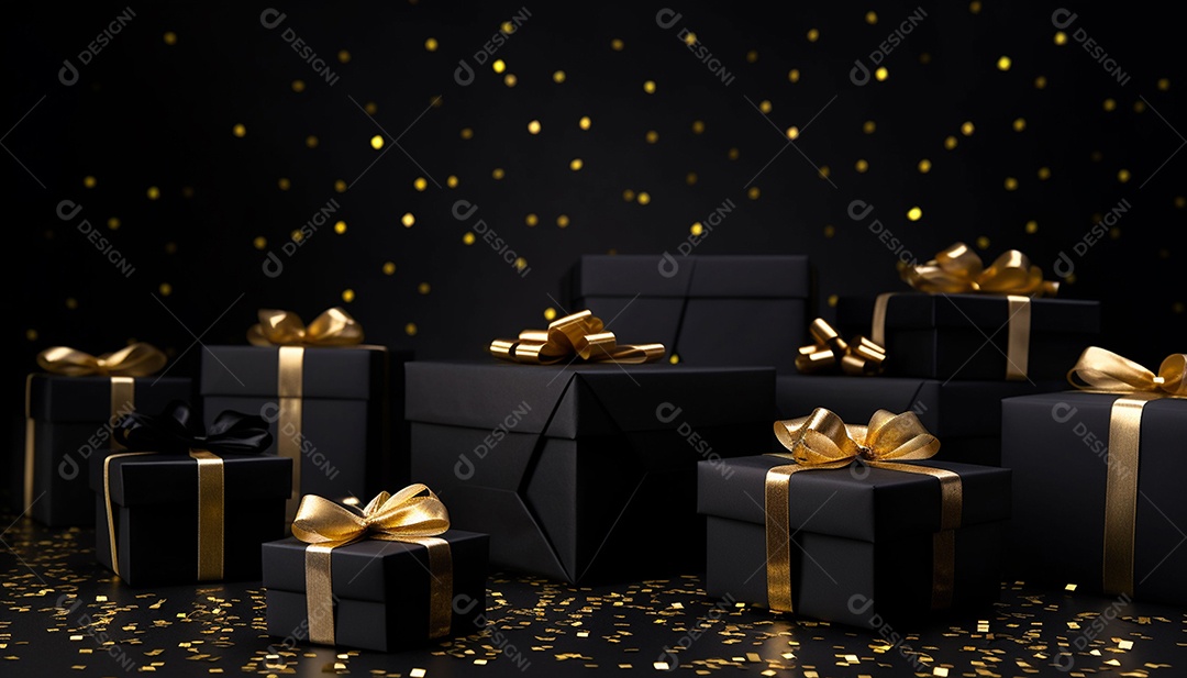 Foto de caixas de presente pretas com laço de fita dourada